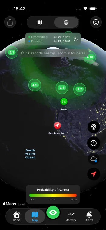 Aurora Forecast globe view at night — the green auroral band arcing over North America with count bubbles showing how many people are seeing the aurora right now