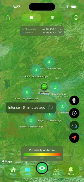 Aurora Forecast map zoomed in, showing green pins from nearby people reporting Faint, Bright and Intense aurora with timestamps