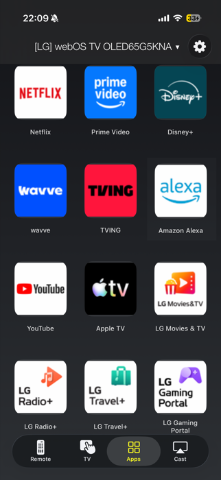 Universal Smart Remote's Apps tab — Netflix, Prime Video, Disney+, YouTube and more, one tap away