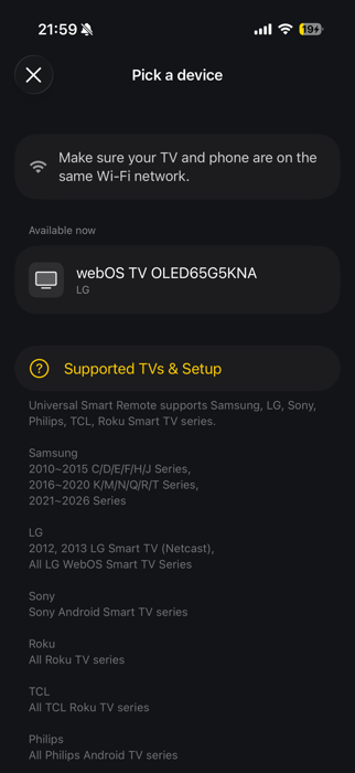 Universal Smart Remote's device picker, finding an LG webOS TV
